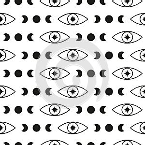 Seamless pattern with seeing eyes and moon.