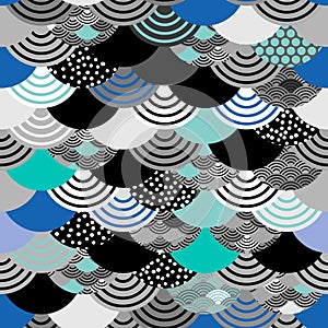 Seamless pattern seigaiha scales simple Nature background with japanese wave circle Black gray white blue green colors. trend