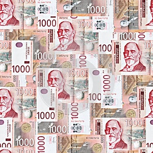 Seamless pattern with Serbian one-thousand dinar banknotes