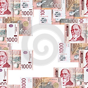 Seamless pattern with Serbian one-thousand dinar banknotes and copy space