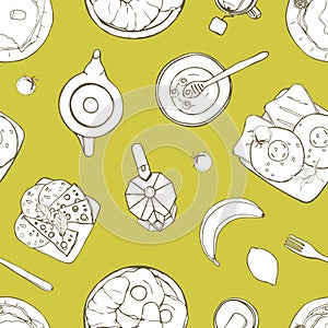 Seamless pattern with served delicious breakfast meals lying on plates hand drawn with contour lines on green background