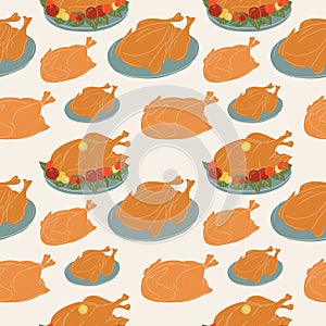 Seamless pattern with Set of baked turkey for thanksgiving day.