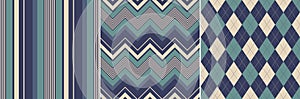 Seamless pattern set in blue, green, beige. Chevron, stripes, argyle vector backgrounds for dress, skirt, top, socks, jumper.