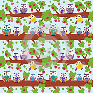 Seamless pattern set bright colorful owls on the branch of a tree with red apples on blue background. Vector