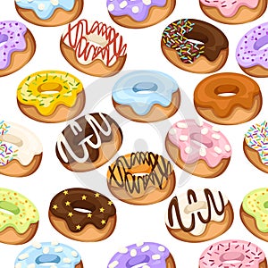 Seamless pattern. Set of cartoon colorful donuts. Dessert with cream. Flat  illustration on white background. Sweet sugar