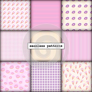 Seamless pattern set, cartoon hand-drawn sweets donuts and ice cream, delicate pastel pink beige lilac colors. patterns for