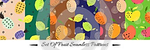 Seamless pattern set with citrus fruits collection. Fresh lemons, oranges, apples and pineapples background