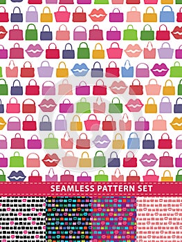 Seamless pattern set. Colorful handbags and lips