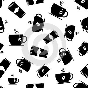 Seamless pattern with set cups. Black flat icon cup hot drink on white background. Icon coffee, tea
