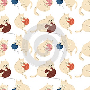 Seamless pattern with Set of cute cats with Knitting and balls of yarn.
