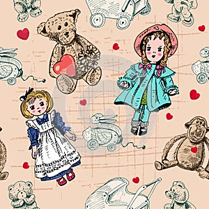 Seamless pattern, set of cute funny vintage monkey toys, teddy bears, dolls. Antique toys of the last century for kids