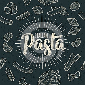 Seamless pattern set with different types of pasta. Vector vintage engraving