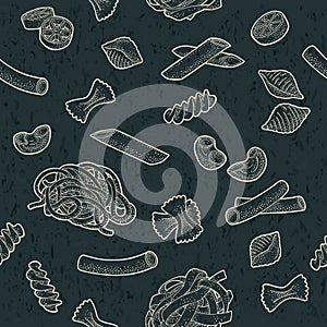 Seamless pattern set with different types of pasta. Vector vintage engraving