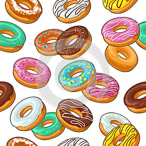 Seamless pattern set donut with different icing, glaze, stripes, sprinkles.