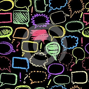 Seamless pattern with set of doodle sketch speech bubbles on blackboard hand-drawn with color chalks.