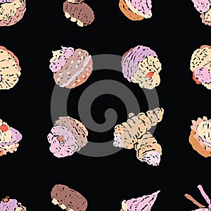 Seamless pattern of set drawn delicious brownies
