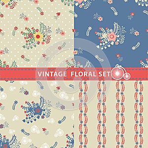 Seamless pattern set.Flowers,branches,berries in retro style