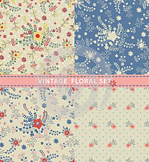 Seamless pattern set.Flowers,branches,berries in retro style