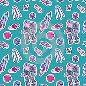 Seamless pattern set of galaxy cosmic elements astronaut, earth, satellite, comet, planet, sun, rocket and meteorite