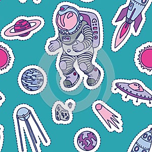 Seamless pattern set of galaxy cosmic elements astronaut, earth, satellite, comet, planet, sun, rocket and meteorite