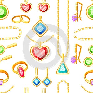 Seamless pattern. Set of golden jewelry. Golden rings, earrings, chains, and necklaces collections. Cartoon jewelry accessories. V