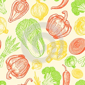 Seamless pattern with set of hand drawn elements. Sketch style fresh vegetables. Appetizing colors