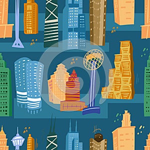 Seamless pattern set icons skyscrapers of America Texas and Chicago. City symbols, metropolis buildings full color