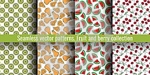 Seamless pattern set. Juicy fruit and berry collection. Lemon, pear, cherry, watermelon. Hand drawn color vector sketch background