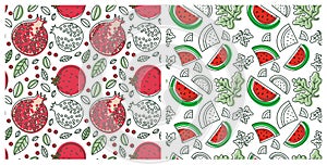 Seamless pattern set. Juicy fruit and berry collection. Watermelon, garnet, pomegranate. Hand drawn color vector sketch background