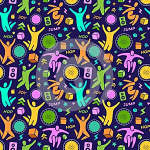 Seamless pattern. Set: jumping people, trampoline, speaker, foam cubes, lightning. Trampoline park concept. Vector EPS10