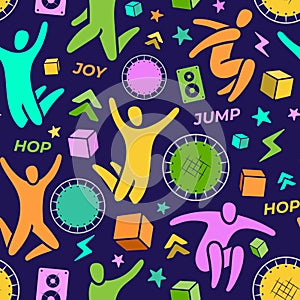 Seamless pattern. Set: jumping people, trampoline, speaker, foam cubes, lightning. Trampoline park concept. Vector EPS10