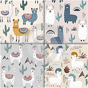 Seamless pattern set with llama and cactus. vector illustration for fabric, textile,wallpaper