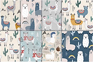 Seamless pattern set with llama and cactus. vector illustration for fabric, textile,wallpaper