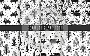 Seamless pattern set nature forest wildlife Canada.Season winter park.