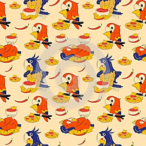 Seamless pattern with set of parrots mascots eat nachos.