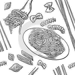 Seamless pattern set pasta. Farfalle, conchiglie, penne, fusilli and spaghetti on fork.