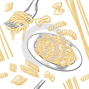 Seamless pattern set pasta. Farfalle, conchiglie, penne, fusilli and spaghetti on fork.