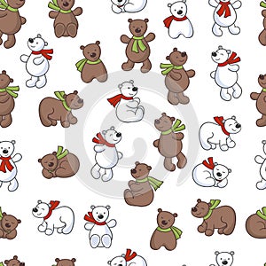 Seamless pattern with a set of polar and brown cartoon bears