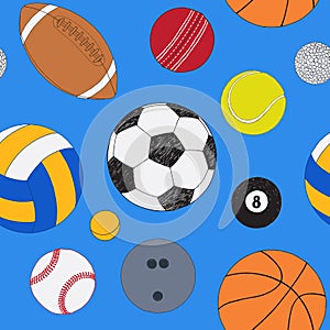 Seamless pattern with set of sport balls. Hand drawn colored vector sketch. Blue background. Pattern included