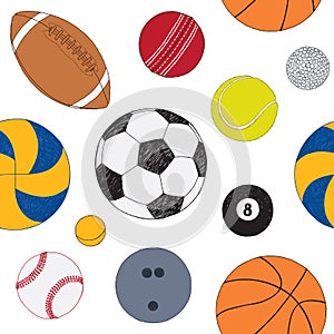 Seamless pattern with set of sport balls. Hand drawn colored vector sketch. White background. Pattern included