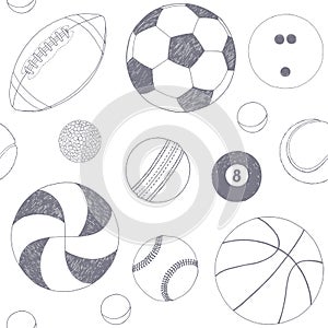 Seamless pattern with set of sport balls. Hand drawn vector sketch. Gray sport items on white background. Pattern