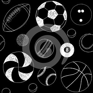 Seamless pattern with set of sport balls. Hand drawn vector sketch. White sport items on black background. Pattern