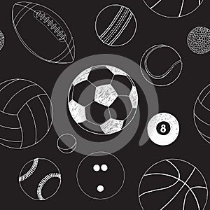 Seamless pattern with set of sport balls. Hand drawn vector sketch. White sport items on black background. Pattern