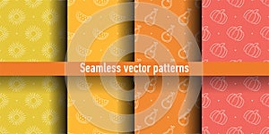 Seamless pattern set. Sun, watermelon, pear and pumpkin. Color vector background. Summer and spring print photo