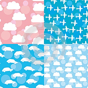 Seamless pattern set sunset, sunrise, sky, clouds white silhouette of plane and car. Pink blue background. vector