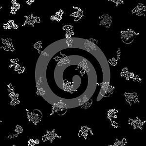Seamless pattern set of teapots and teacups isolated on black background. Seamless pattern of teapots and teacups collection for