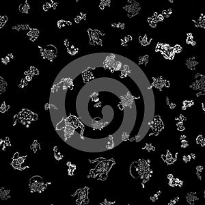 Seamless pattern set of teapots and teacups isolated on black background. Seamless pattern of teapots and teacups collection for