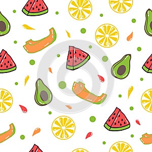 Seamless pattern with set of tropical fruit icon on white background. hand drawn vector. watermelon, orange melon, avocado and lem