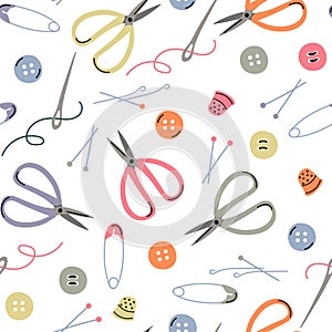 Seamless pattern with sewing accessories. Background needlework and sewing. Pin, scissors, needle, thread. Design for printing, Wa