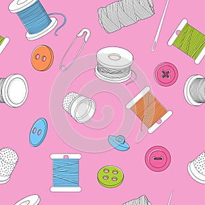 Seamless pattern with sewing accessories on a pink background.